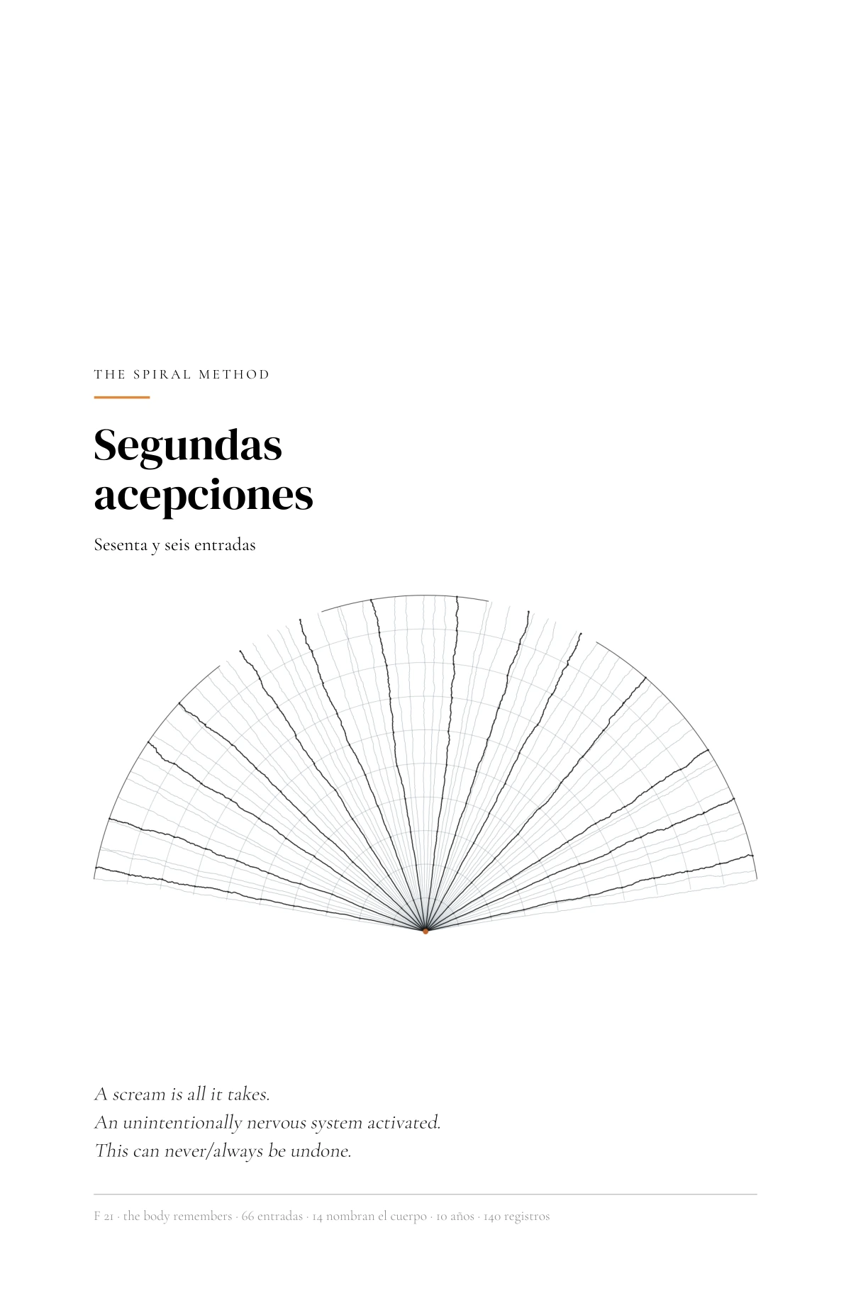 Cover of Segundas acepciones: the title set in ink on paper above Found Fragment 21, a fan of sixty-six trajectories rising from a single amber point.